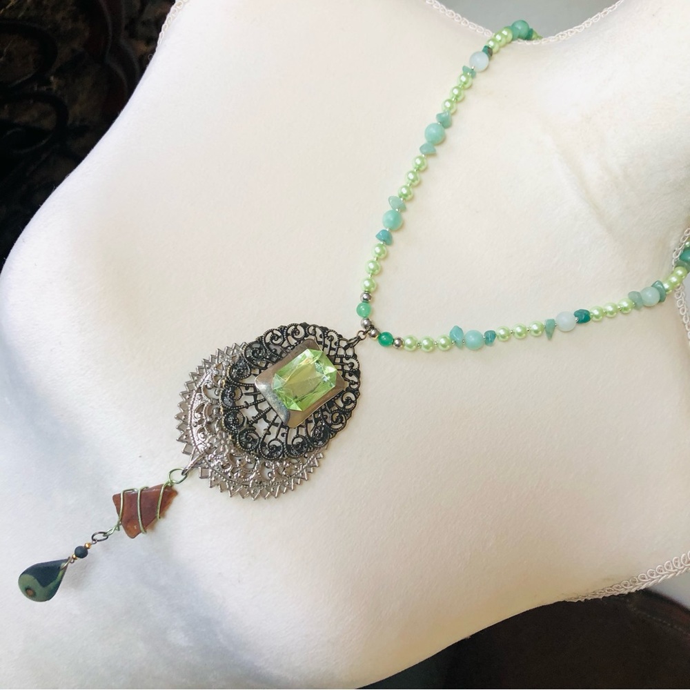 Handcrafted repurpose genuine stone filigree Czech glass Pearl necklace